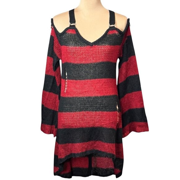 KILLSTAR Sweater Dress Sz.S  Red Black Knit Distressed Bell Sleeve Goth Punk - Picture 5 of 15